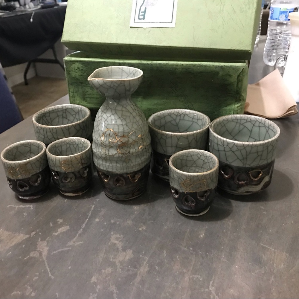 7pc VTG Otagiri Somayaki Soma Ware Double Walled Sake Bottle & Cups Set